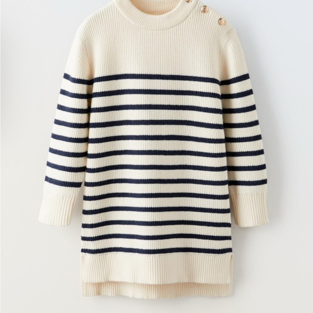 ZARA girls beige & navy stripes gold buttons sweater knit dress size 13 14 years